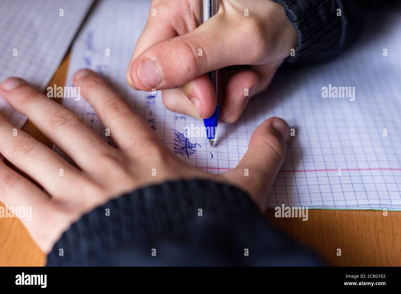 Il ragazzo scrive in un taccuino. Il bambino sta facendo i compiti. Penna e notebook. Foto Stock