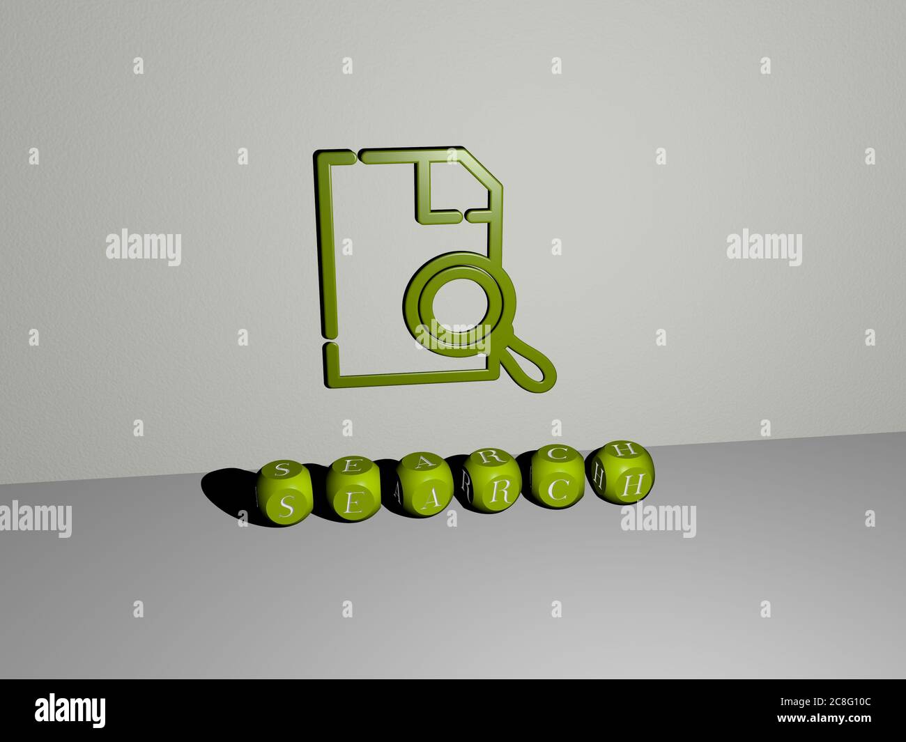 Illustrazione 3D di GRAFICA DI RICERCA e testo fatto da lettere di dadi metallici per i significati relativi del concetto e delle presentazioni. Icona e business Foto Stock