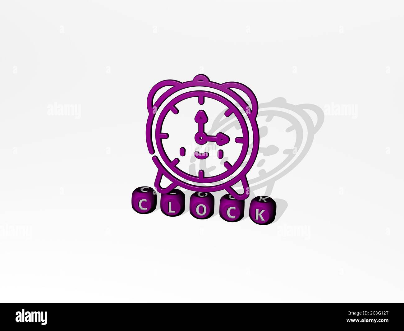 Rappresentazione 3D DELL'OROLOGIO con icona sulla parete e testo disposto da lettere cubiche metalliche su un pavimento a specchio per il significato concettuale e la presentazione della presentazione. Illustrazione e sfondo Foto Stock