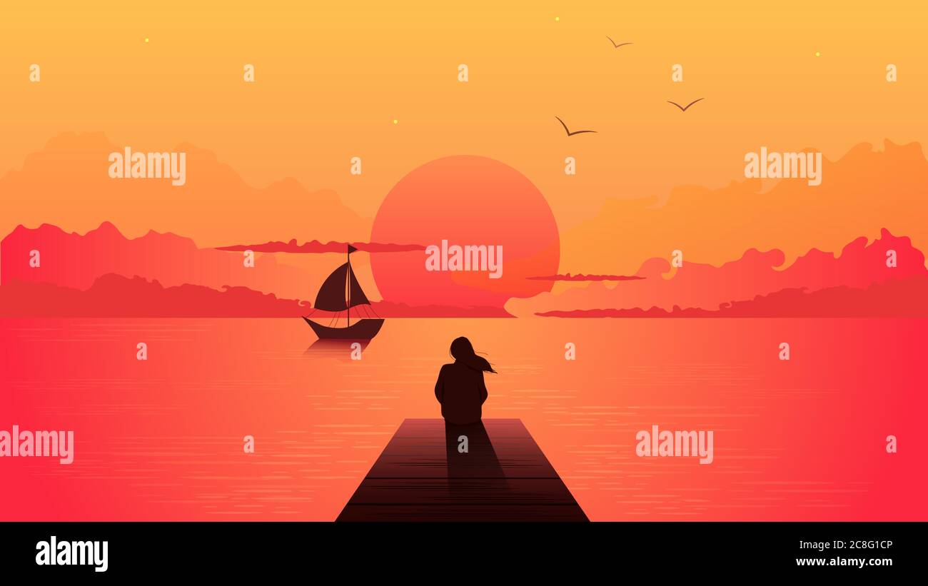 Silhouette donna solitaria al tramonto. Ragazza sognante sola che guarda il tramonto arancione con una nave a vela. Illustrazione Vettoriale