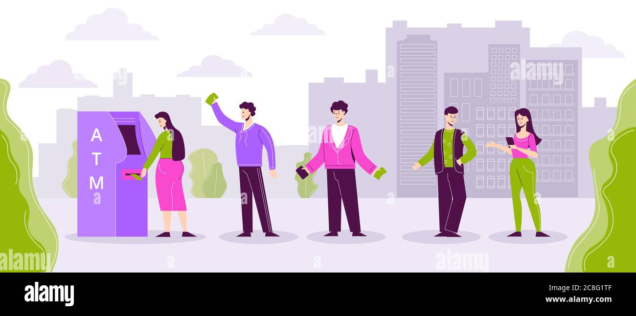 Coda di persone per l'illustrazione ATM. Gruppo di uomini e donne in piedi per linea per prelevare denaro. Illustrazione Vettoriale
