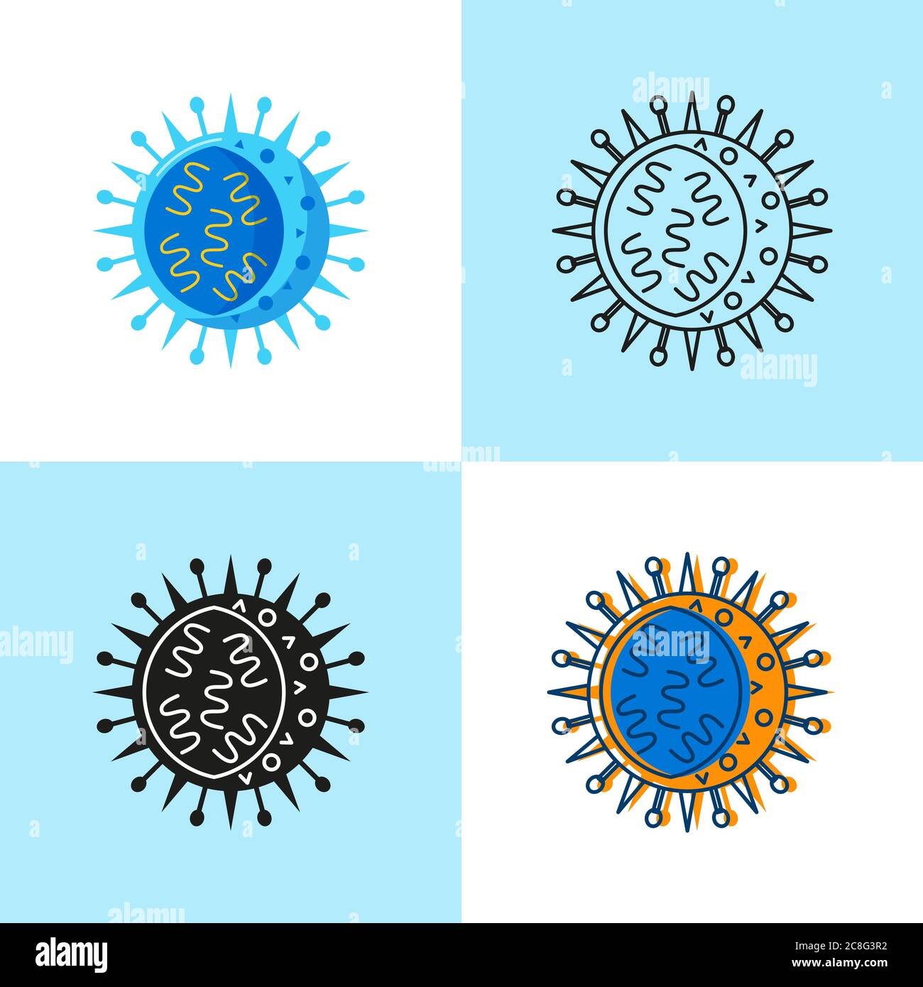 Icona delle cellule del virus dell'influenza impostata in stile piatto e lineare. Illustrazione vettoriale. Illustrazione Vettoriale