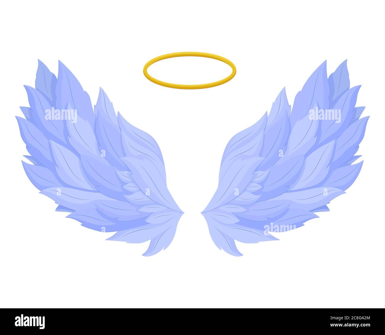 Ali di angelo con nimbus. Sacre ali blu della libertà celeste con corona dorata al centro. Illustrazione Vettoriale