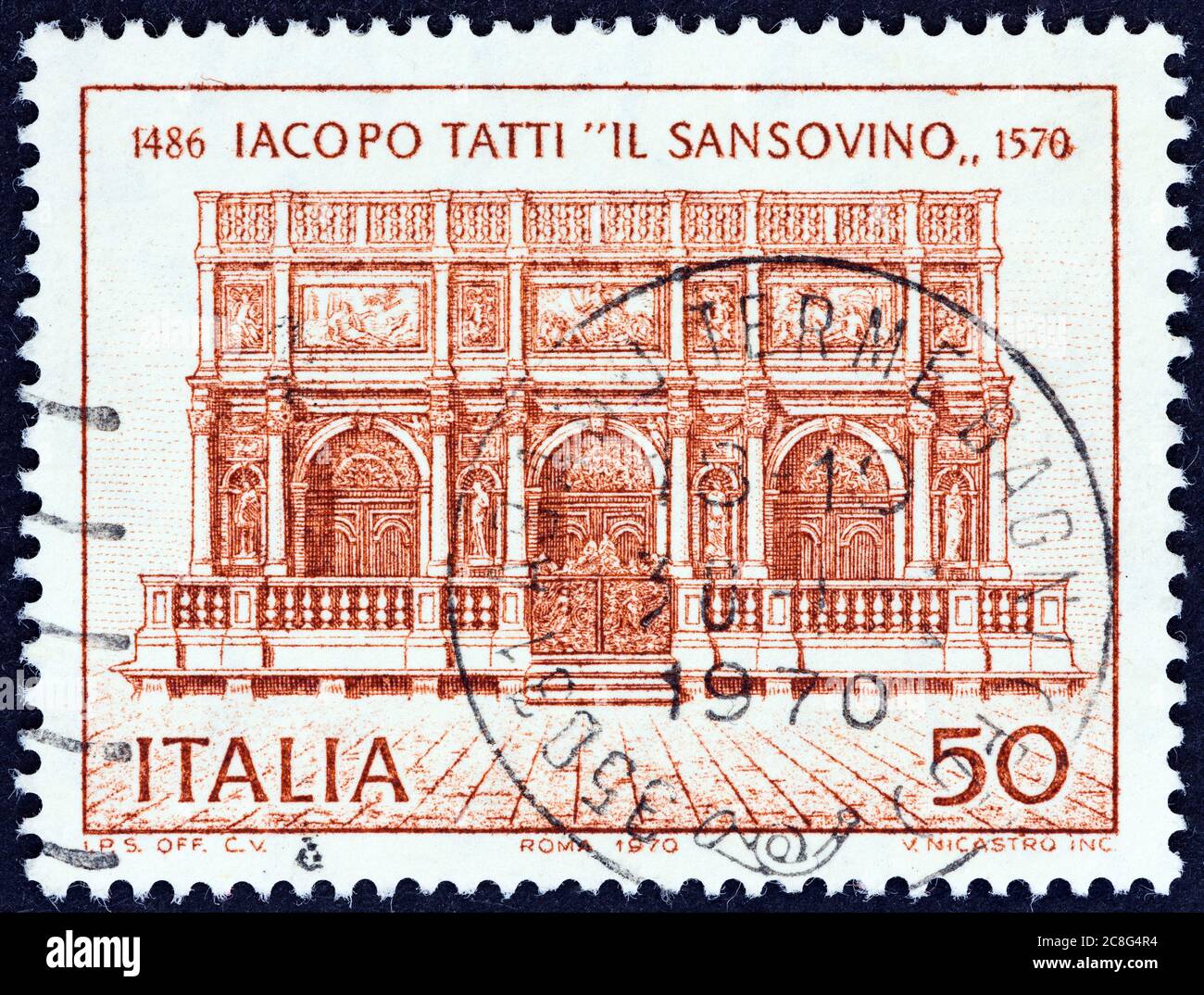 ITALIA - CIRCA 1970: Un francobollo stampato in Italia mostra Loggia del Campanile, Piazza San Marco, Venezia, circa 1970. Foto Stock