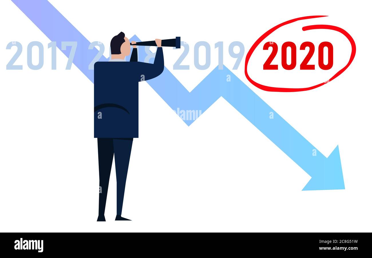 Uomo d’affari manager che guarda al grafico della curva nel 2020 previsione della crisi economica che ci attende Illustrazione Vettoriale