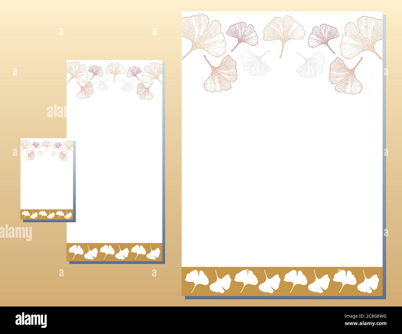 Set identità aziendale - carta intestata, biglietto da visita, foglie di ginkgo a forma di giallo / marrone / oro Illustrazione Vettoriale