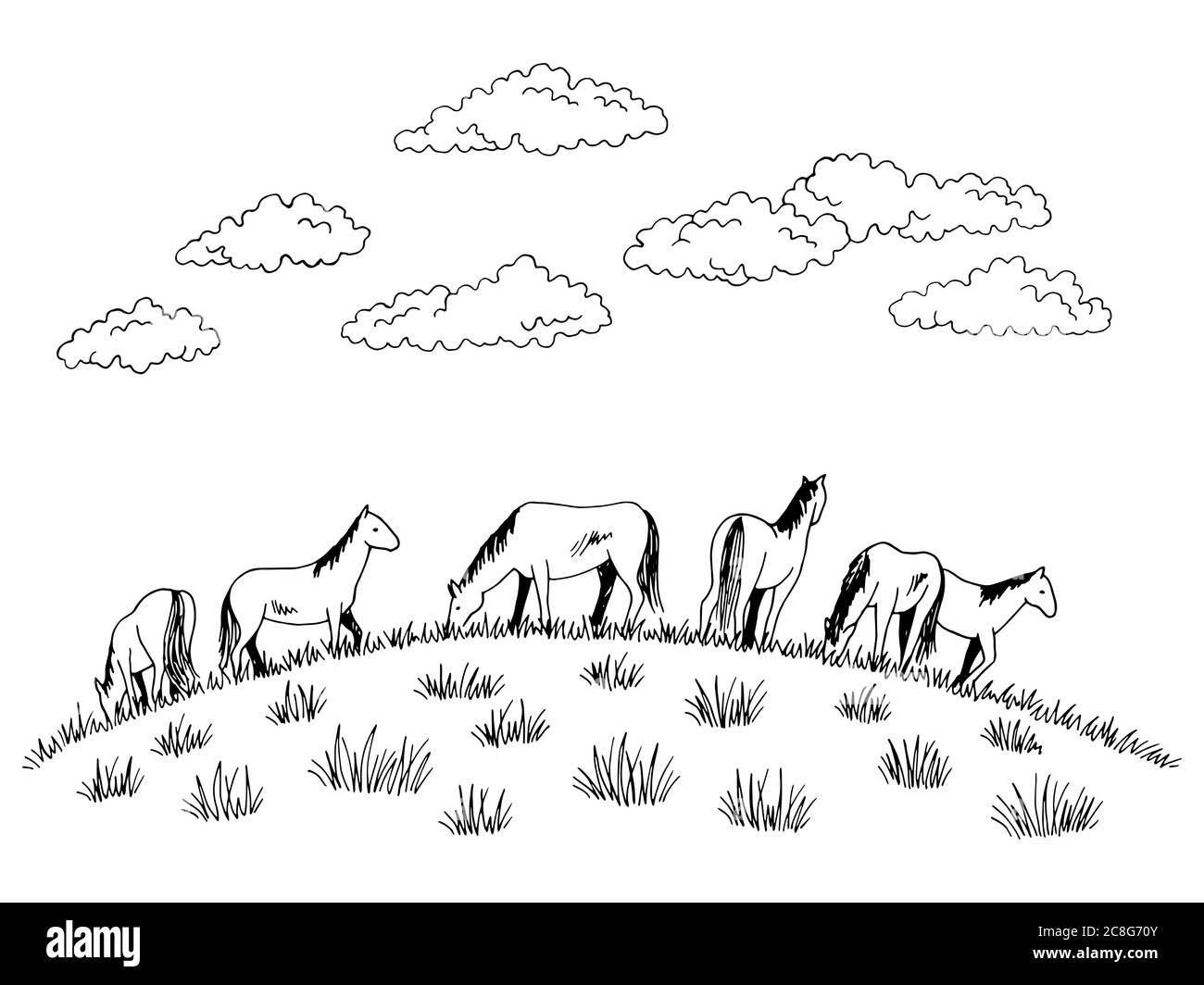 Cavallo che alimenta erba sulla collina grafica nero bianco disegno illustrazione vettore Illustrazione Vettoriale