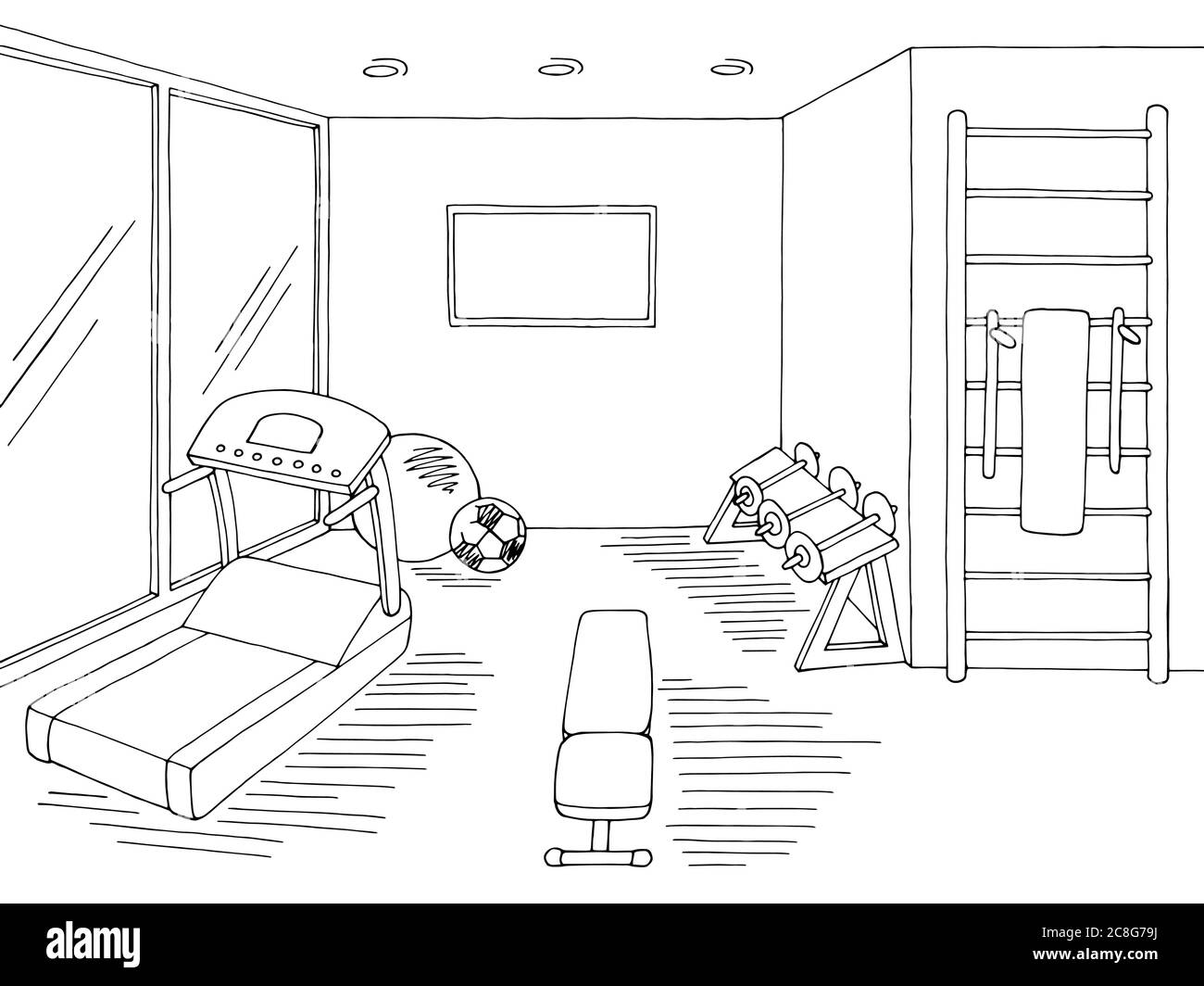 Gym interior grafico nero bianco illustrazione schizzo vettore Illustrazione Vettoriale