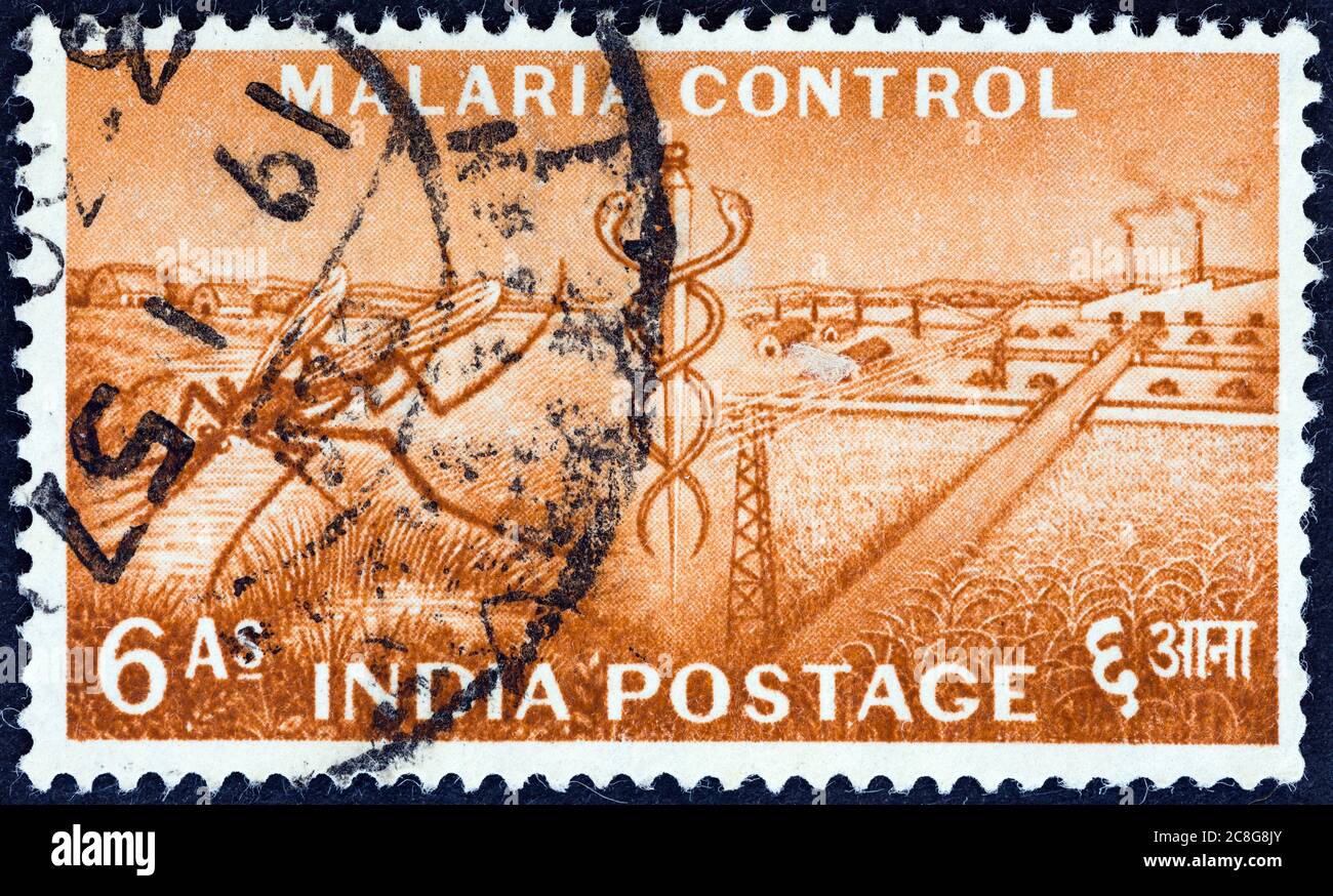 INDIA - CIRCA 1955: Un francobollo stampato in India dal 'piano quinquennale. Il problema del controllo della malaria mostra zanzare e personale di Aesculapio, circa 1955. Foto Stock
