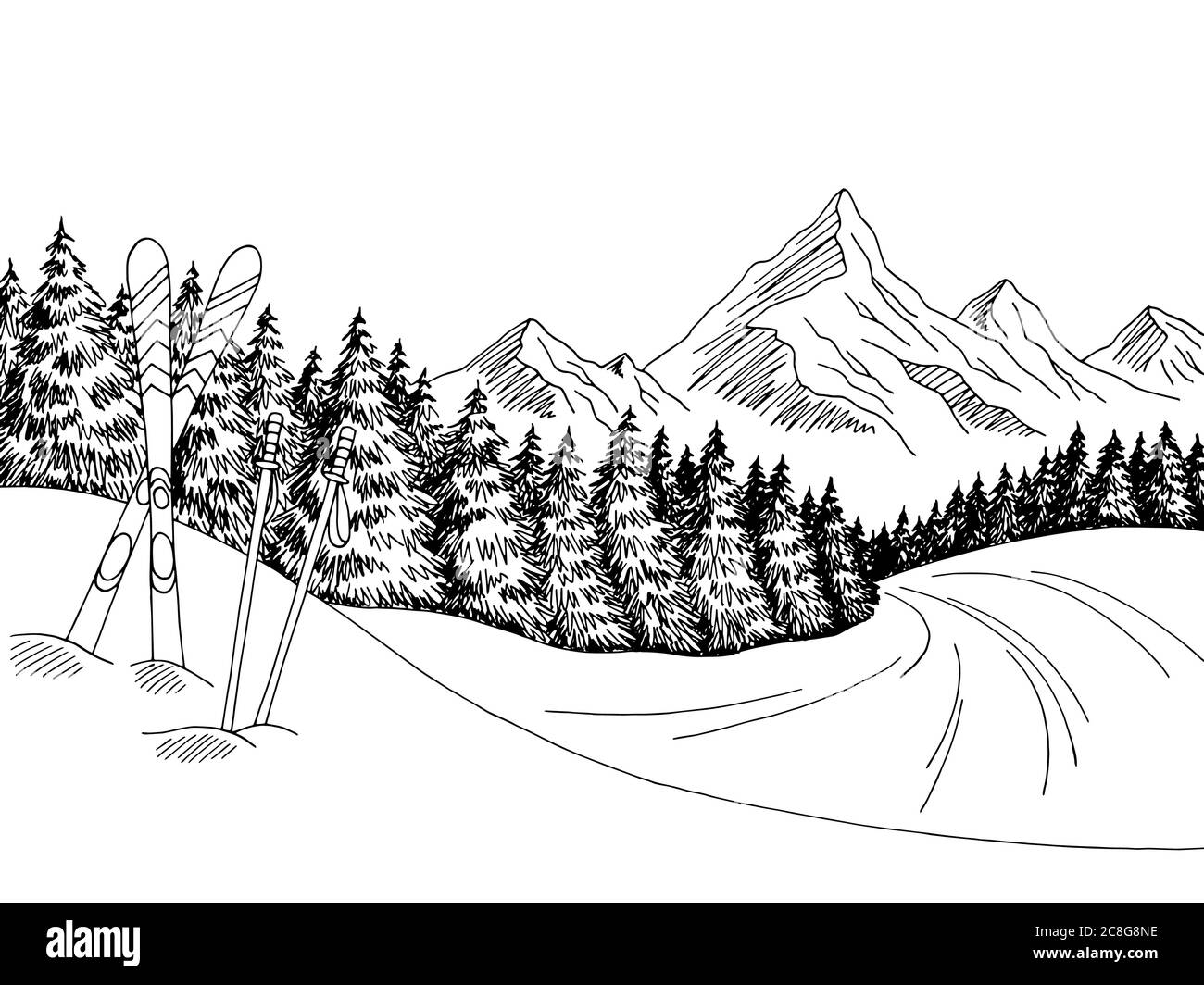 Sci alpino grafica arte bianco nero disegno paesaggio vettore illustrazione Immagine e Vettoriale - Alamy