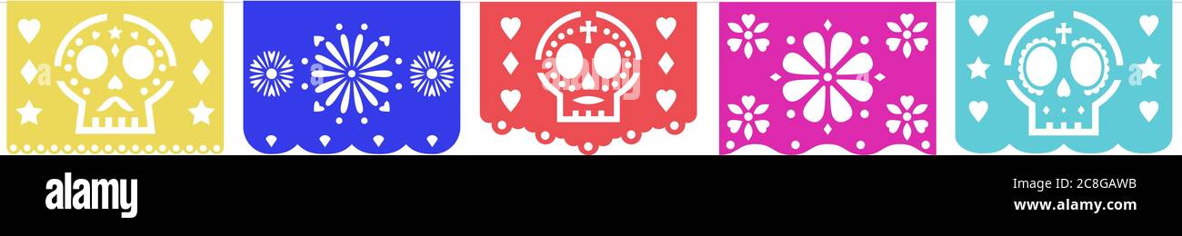 El dia de los muertos papel picado. Banner decorativo per il giorno dei morti Illustrazione Vettoriale