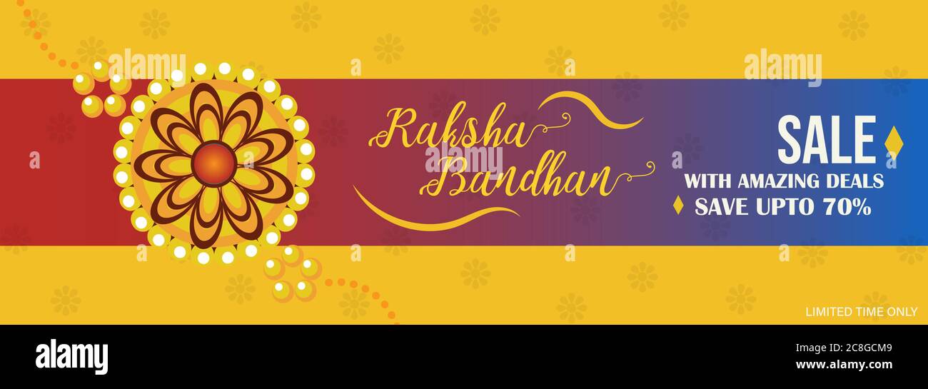 Banner di vendita Raksha Bandhan, vendita rakhi con offerte straordinarie, risparmiare fino al 70% poster, illustrazione vettoriale Illustrazione Vettoriale
