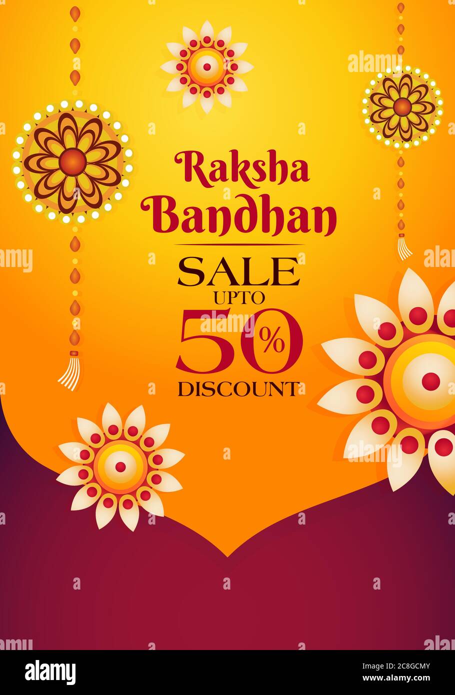 Banner di vendita Raksha Bandhan, vendita rakhi con offerte straordinarie, risparmiare fino al 50% poster, illustrazione vettoriale Illustrazione Vettoriale