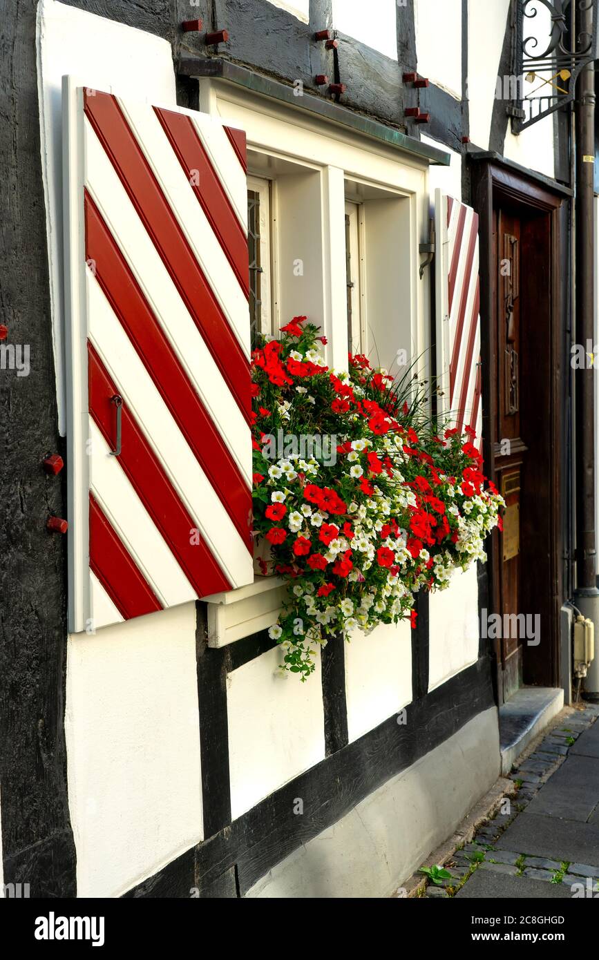 Casa idilliaca nel centro di Königswinter con gerani rossi appesi e persiane rosse e bianche sulla finestra Foto Stock