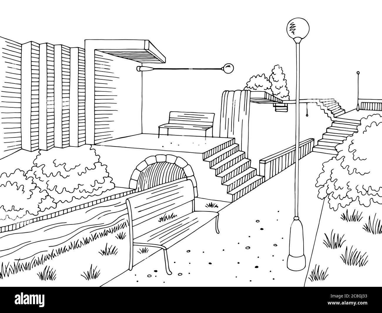 Grafico di parcheggio bianco nero illustrazione dello schizzo del paesaggio vettore Illustrazione Vettoriale