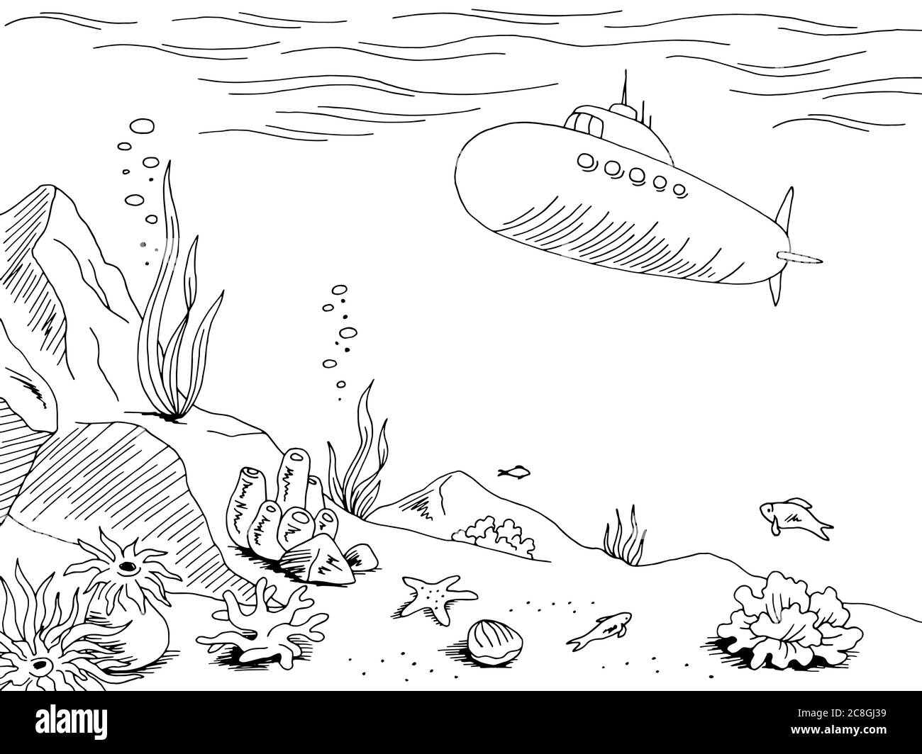 Sottomarino grafico mare nero bianco disegno vettore illustrazione Illustrazione Vettoriale