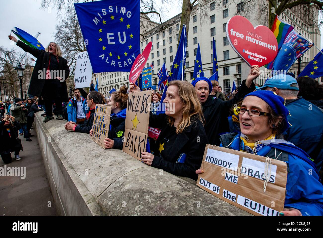 I sostenitori pro-UE protestano vicino a Parliament Square il giorno in cui la Gran Bretagna dovrebbe lasciare ufficialmente l'UE, Whitehall, Londra, Regno Unito Foto Stock