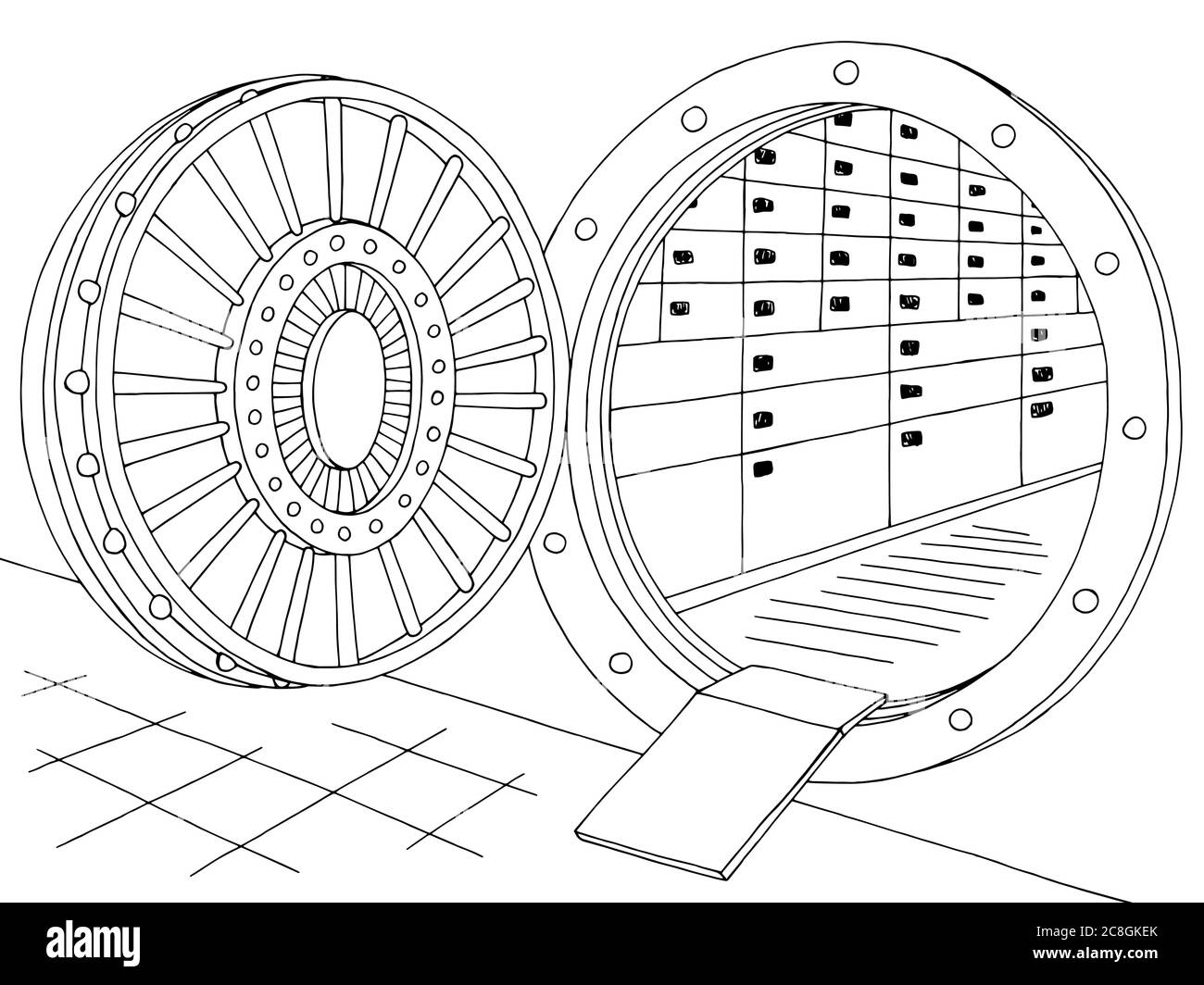 Bank vault Safe interno grafico nero bianco illustrazione dello schizzo vettore Illustrazione Vettoriale