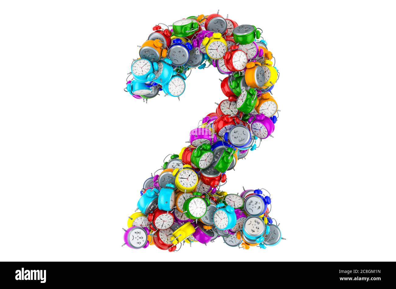 Numero 2 da sveglie colorate, rendering 3D isolato su sfondo bianco Foto Stock