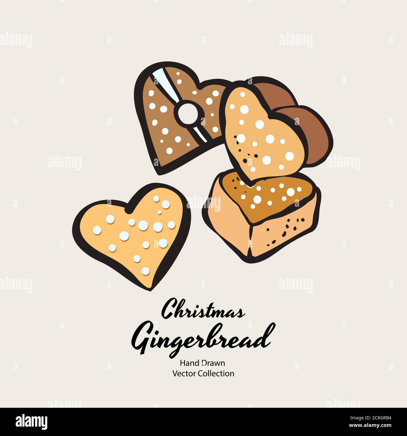 Cuori natale biscotti pan di zenzero illustrazione vettoriale disegnata a mano. Biscotti marzapane vintage di natale tradizionali Illustrazione Vettoriale