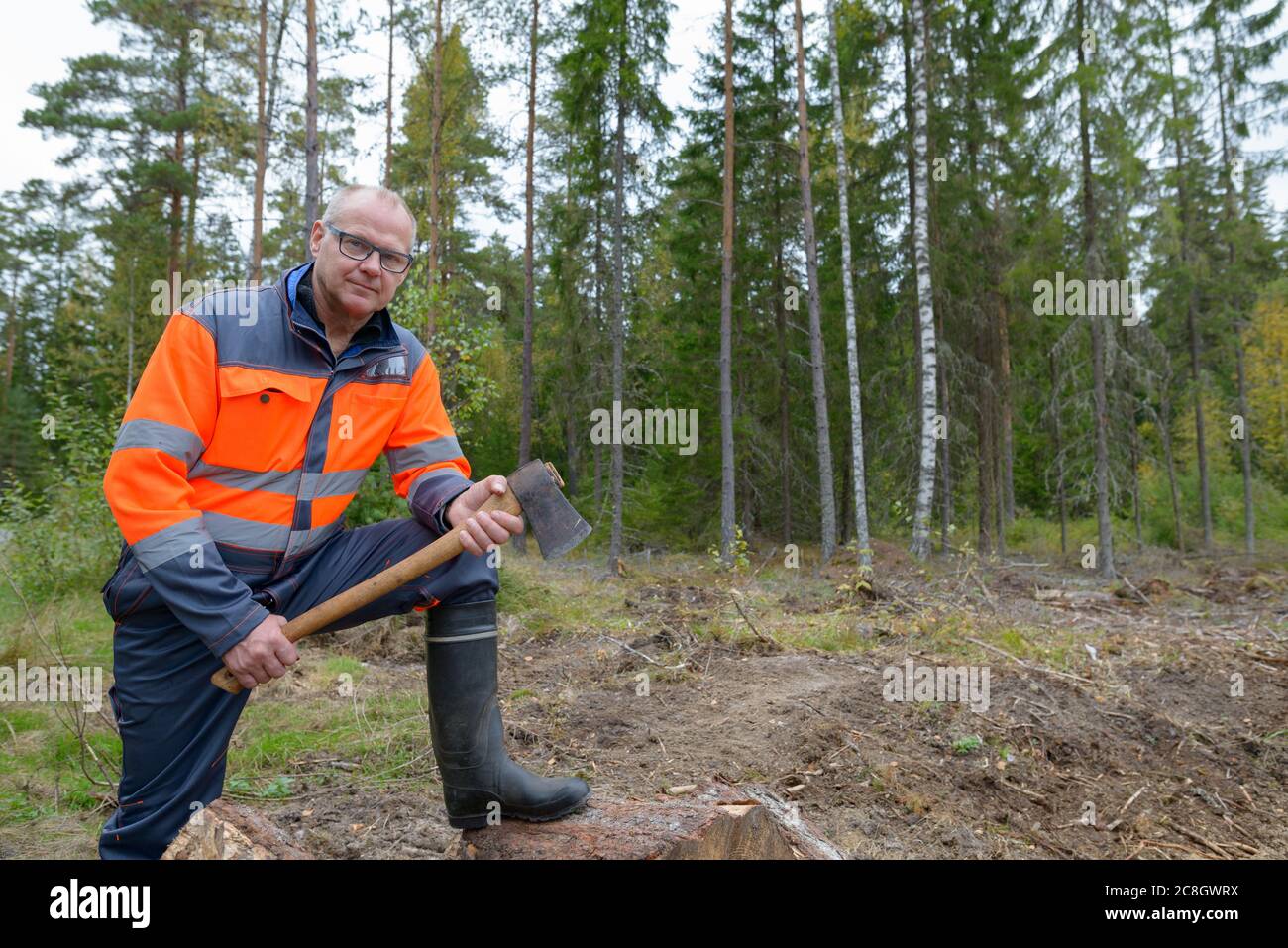 Ritratto di bell'uomo maturo che si steppa su un mucchio di legno tritato mentre tiene l'ascia nella foresta Foto Stock