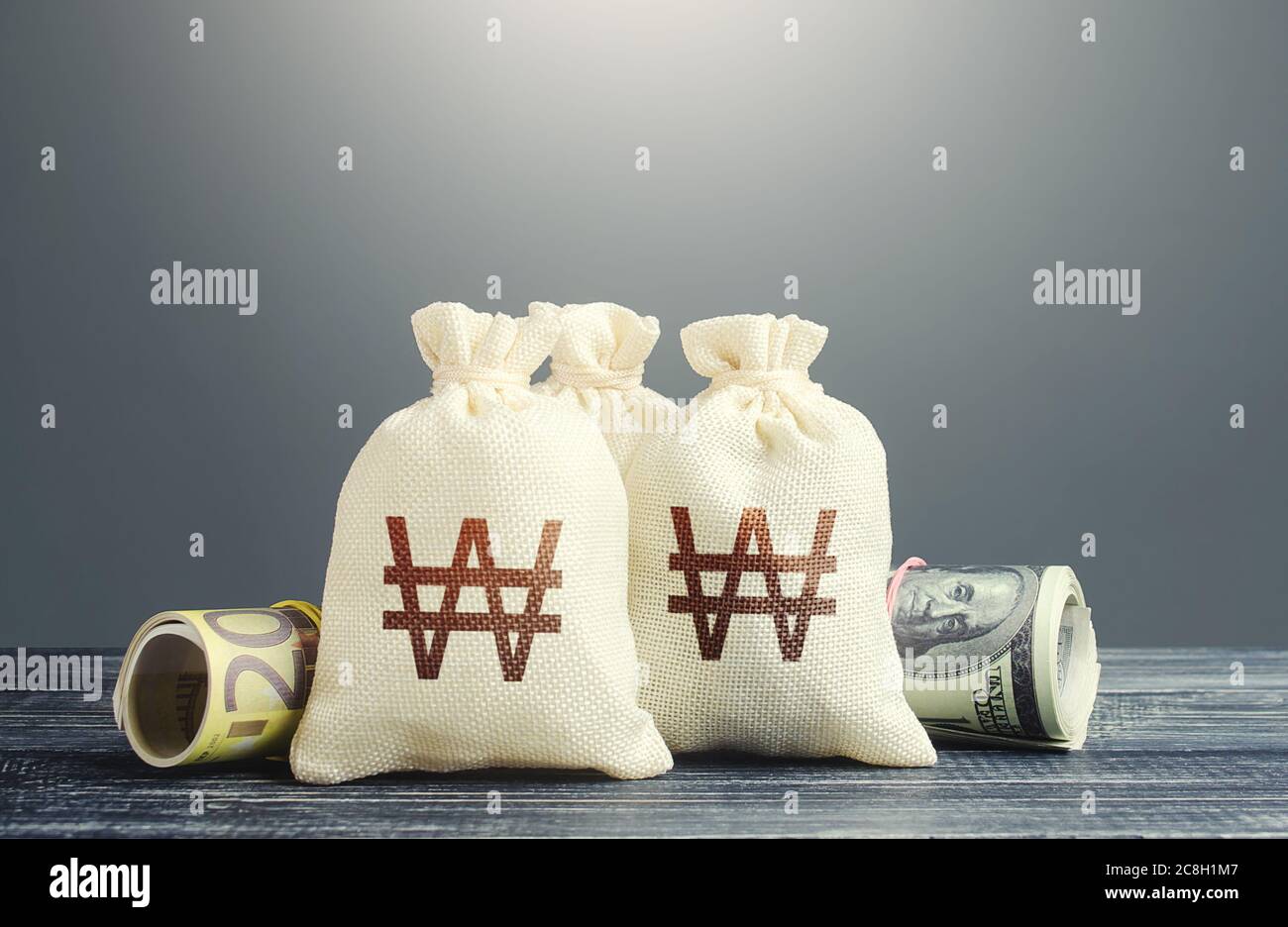 Il sud coreano ha vinto borse di denaro e contanti. Riserva nazionale di oro e di cambio. Politica monetaria economica. Risorse finanziarie, sovvenzioni, completamento del progetto Foto Stock