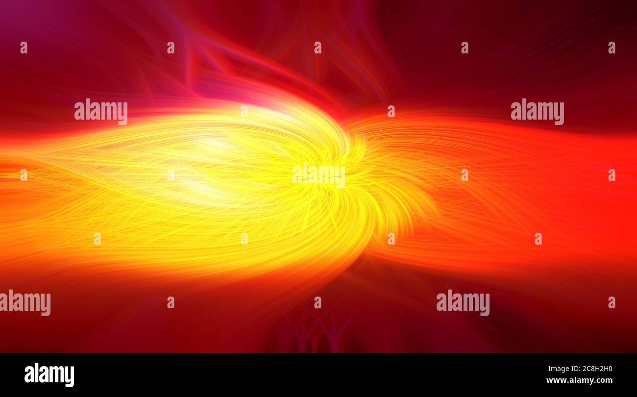 Fibre 3d intrecciate astratte che formano una forma di fiamma e colori giallo brillante, rosso brillante, arancione e viola. Illustrazione. Foto Stock