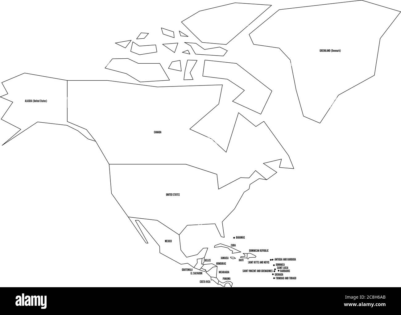 Mappa politica del Nord America. Struttura a reticolo nero sottile semplificata con confini nazionali ed etichette con i nomi dei paesi. Illustrazione vettoriale Immagine e Vettoriale - Alamy
