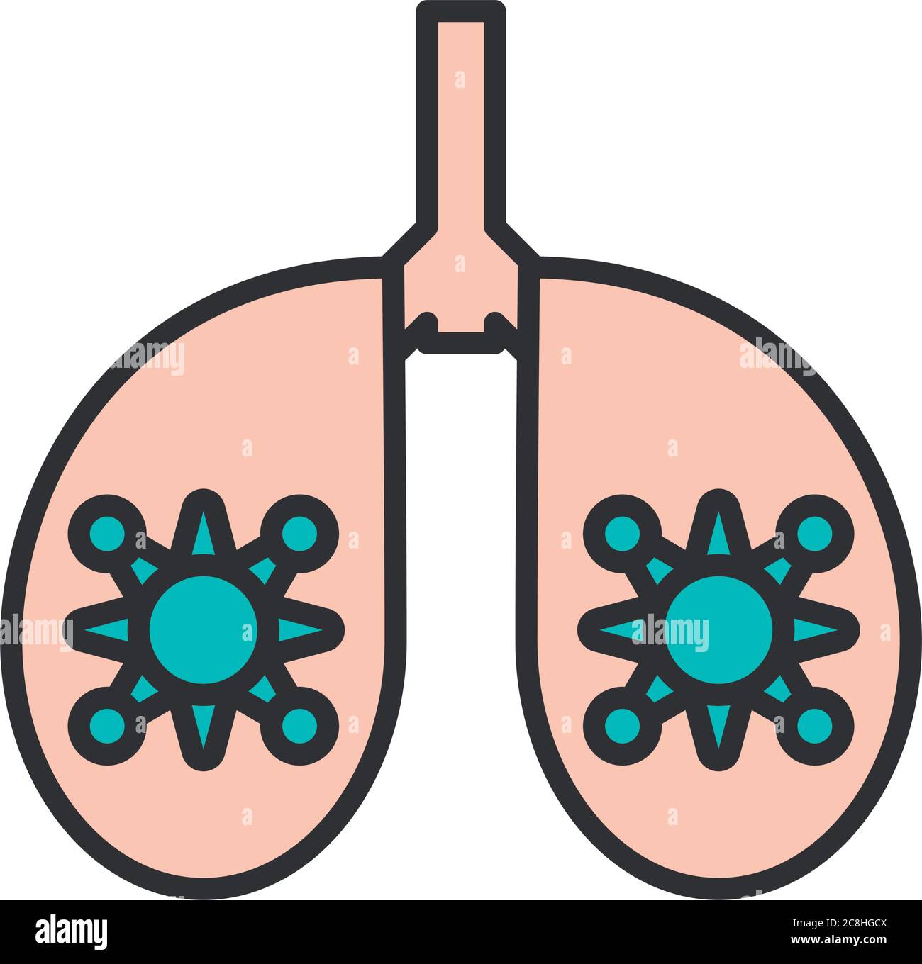 polmoni umani con particelle di covid19 disegno vettoriale di illustrazione di linee e di stili di riempimento Illustrazione Vettoriale