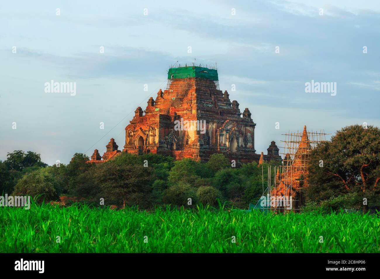 Grandi pagode di mattoni antichi nella zona del Patrimonio Mondiale di Bagan, Myanmar. Foto Stock