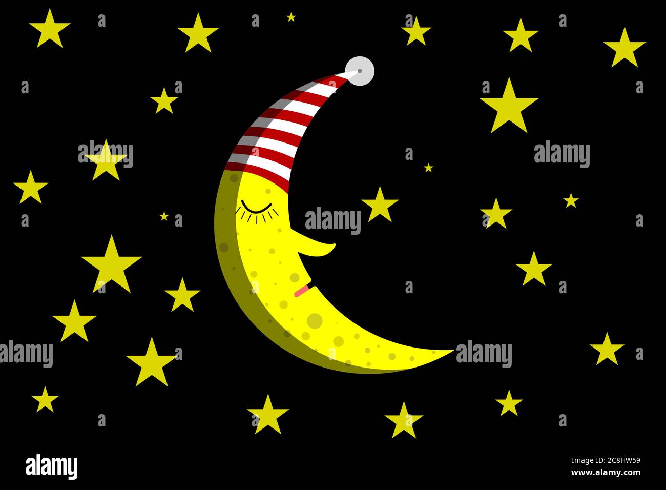 Luna dormiente con cappello pigiama - design piatto Illustrazione Vettoriale