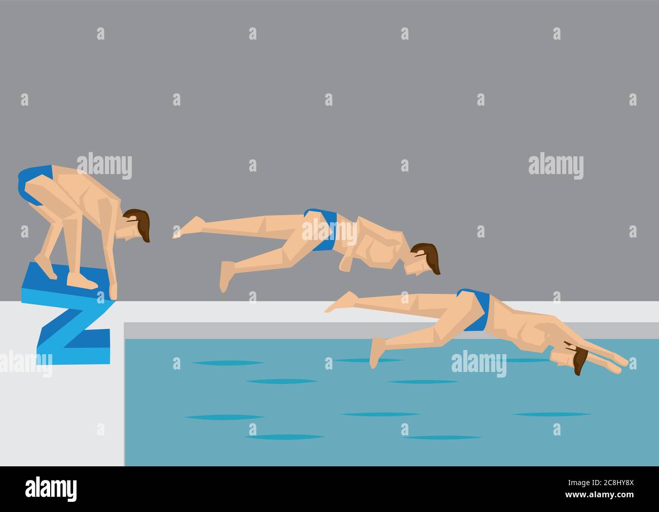 Serie di posizioni di azione prese da un nuotatore maschile che salta in acqua in piscina. Illustrazione vettoriale in stile cartoon. Illustrazione Vettoriale