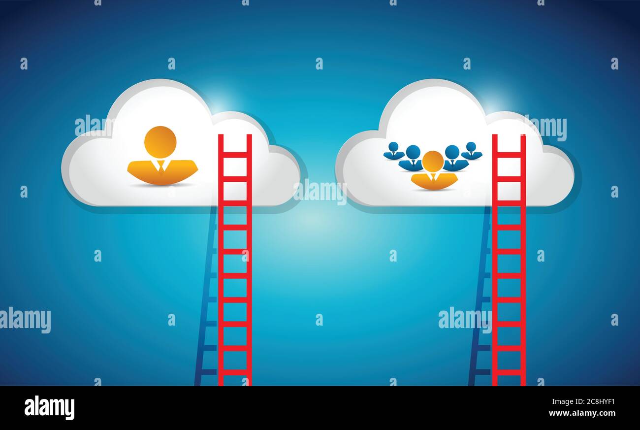 Disegno di illustrazione della connessione avatar della scala di cloud computing su sfondo blu Illustrazione Vettoriale