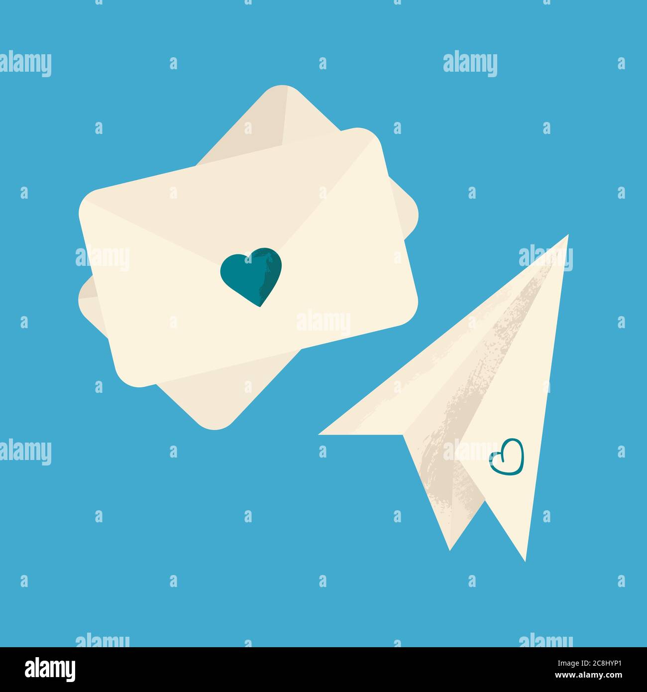 aereo di carta e lettera in servizio di posta aerea concettuina disegno in stile piano cartoni animati. Isolato su sfondo blu. Aereo di carta con busta. Ai Illustrazione Vettoriale