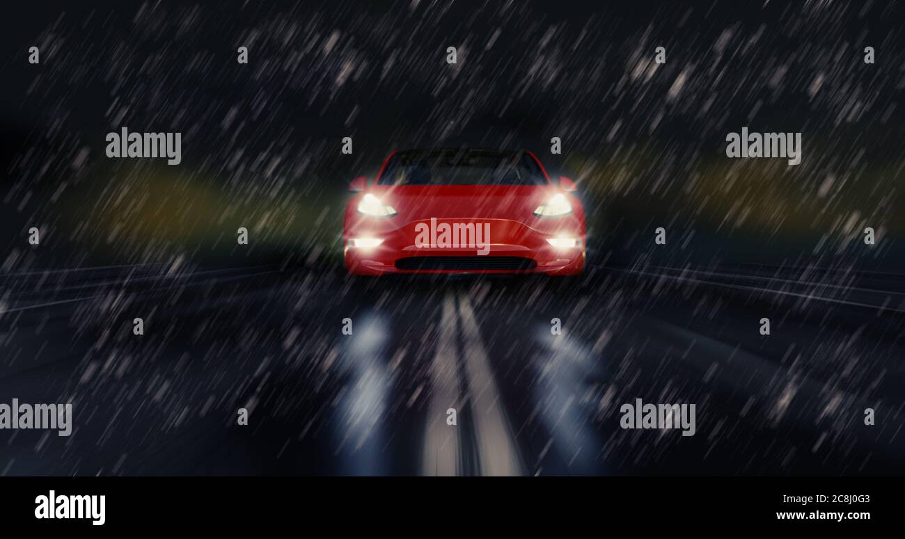 Auto sportiva rossa guida velocemente attraverso la notte piovosa, sicurezza sassone pneumatico meteo concetto Foto Stock