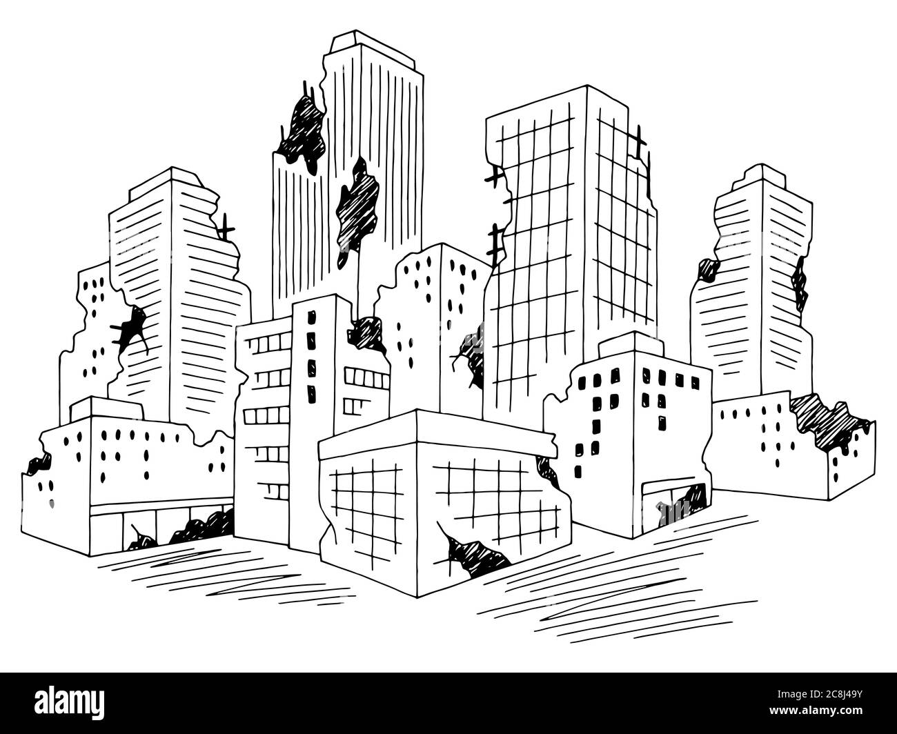 Città rovinata grafica nero bianco skyline skyline disegno vettore illustrazione Illustrazione Vettoriale