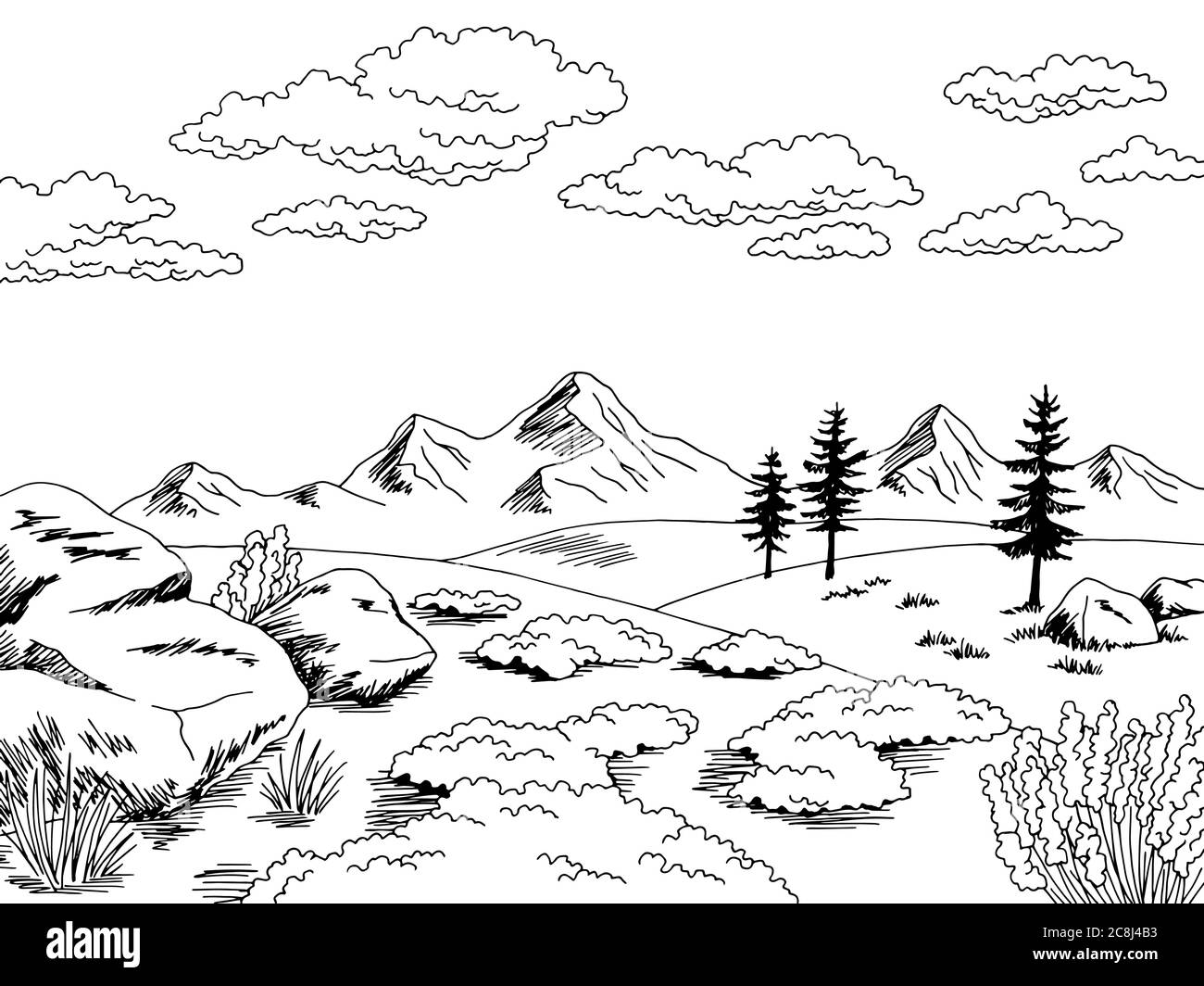 Tundra grafico bianco nero disegno orizzontale vettore illustrazione dello schizzo Illustrazione Vettoriale