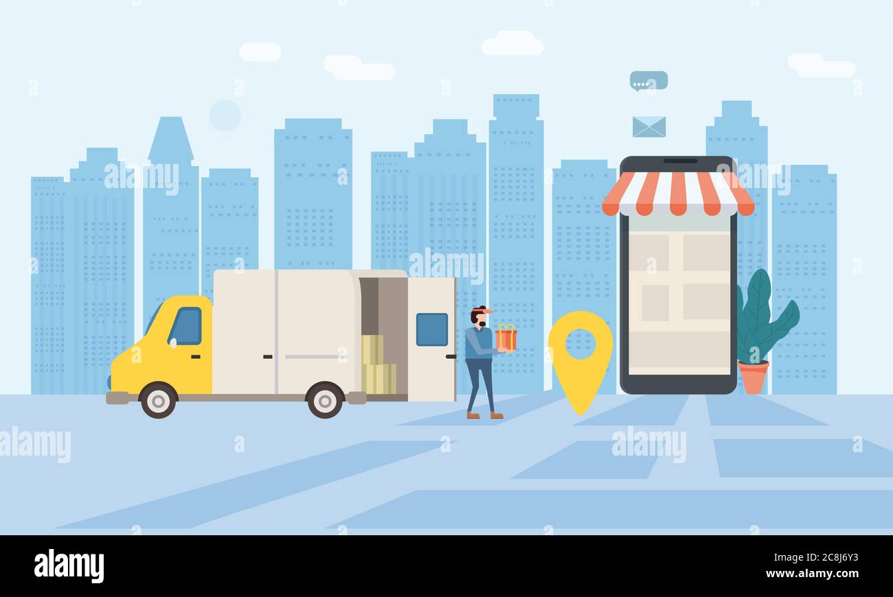 Consegna online delle merci, tracking online tracker. Smartphone, camion per la consegna dei pacchi, persone piccole, addetto alla consegna, cronometro. Concetto, idea, vettore Illustrazione Vettoriale