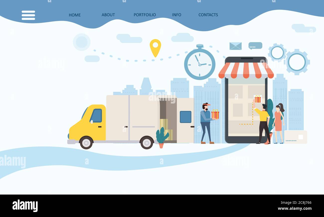 Consegna di merci allo sbarco, tracciamento di merci online tracker. Smartphone, camion per la consegna dei pacchi, persone piccole, acquirenti di personaggi, fornitore, cronometro Illustrazione Vettoriale