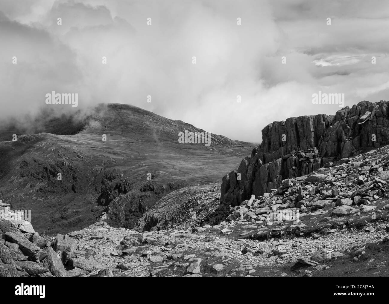 Vista da Glyder Fach, Snowdonia, Galles, Regno Unito Foto Stock