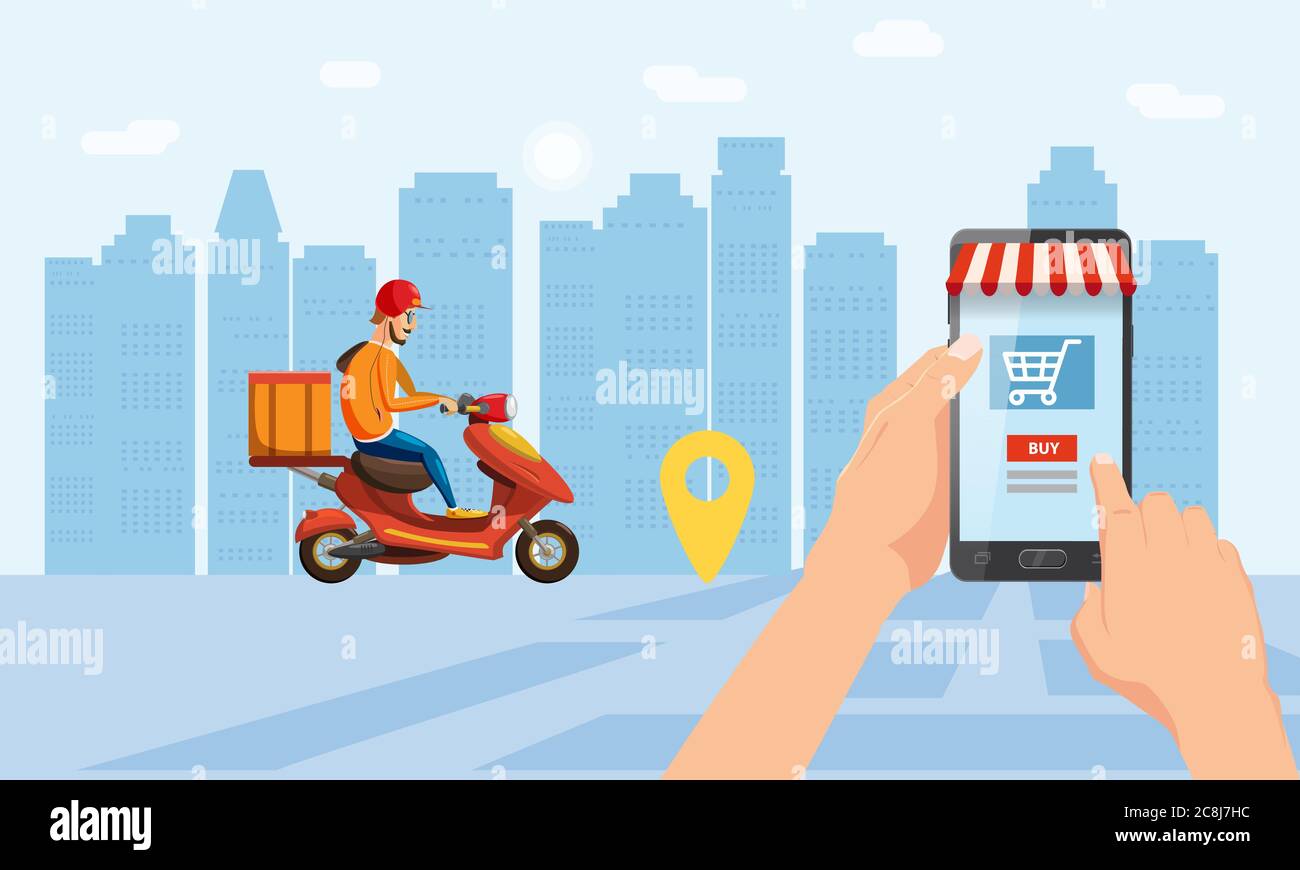 Servizio di consegna online, tracking tracker online. Una mano tiene uno smartphone, acquista merci in un negozio online, uno scooter con un conducente, un'auto, un Illustrazione Vettoriale