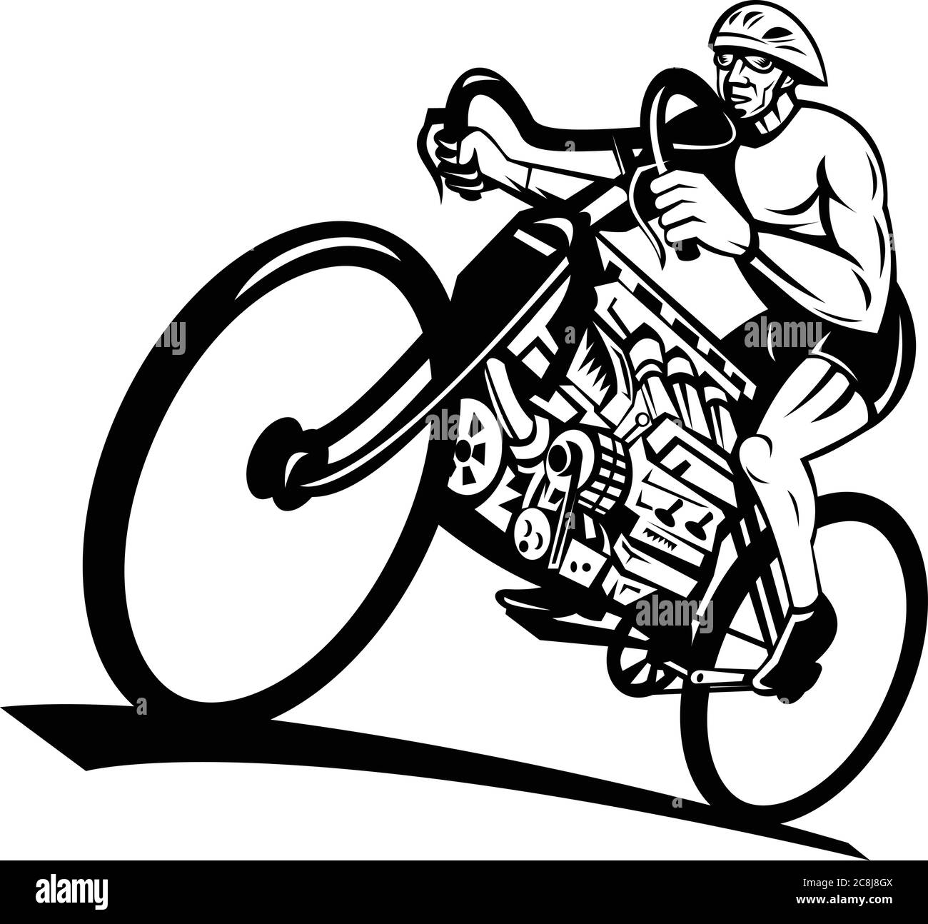 Illustrazione in stile retrò di un ciclista che guida una bici da strada, un ciclo o una bicicletta con motore v8 con motore a pistoni a otto cilindri visto da un angolo basso su i. Illustrazione Vettoriale