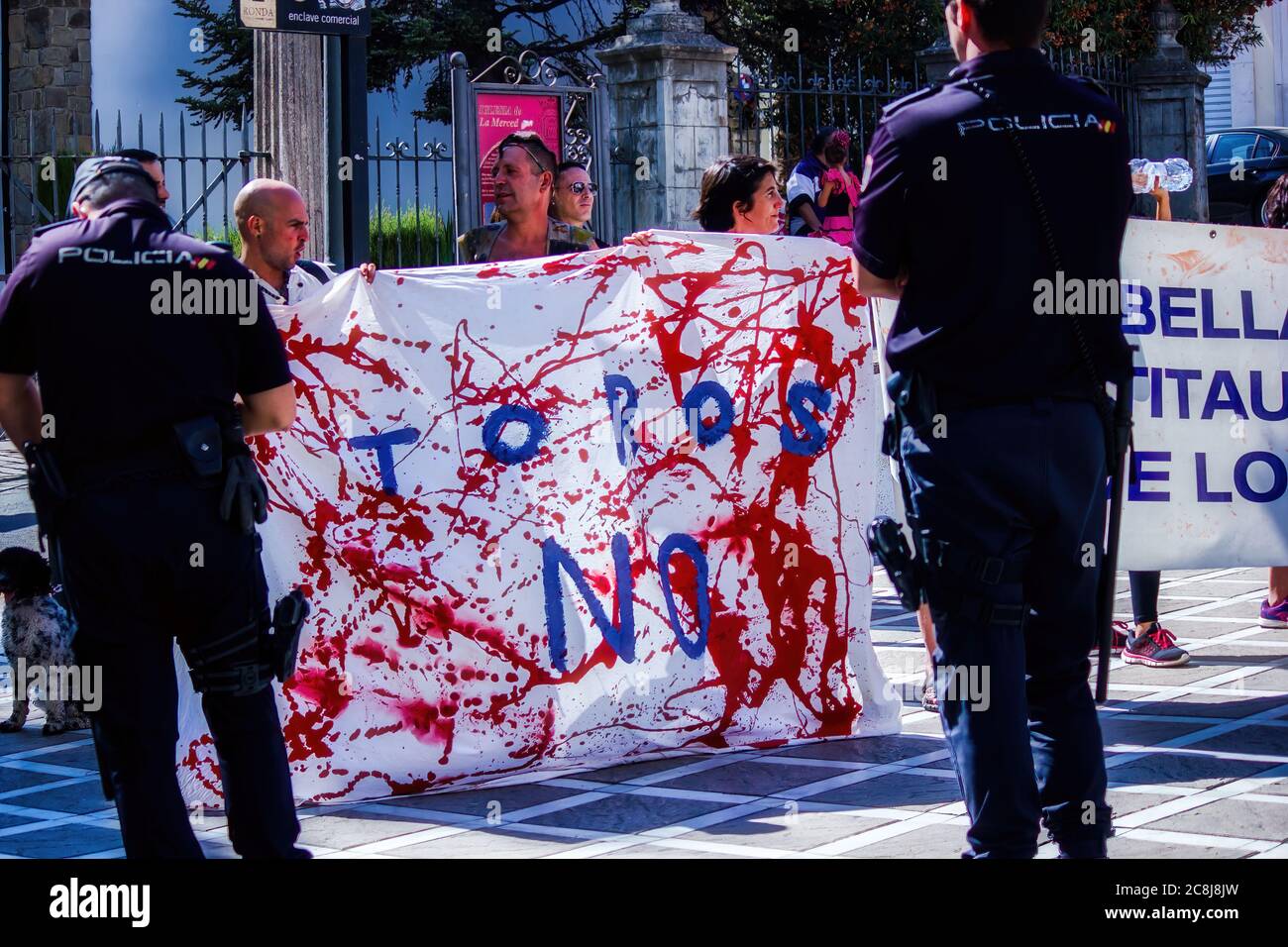 Ronda, Spagna - 06 settembre 2015: Una protesta contro la crudeltà animale durante la stagione di Feria. I manifestanti si oppongono al festival toro in Andalusia che contro Foto Stock