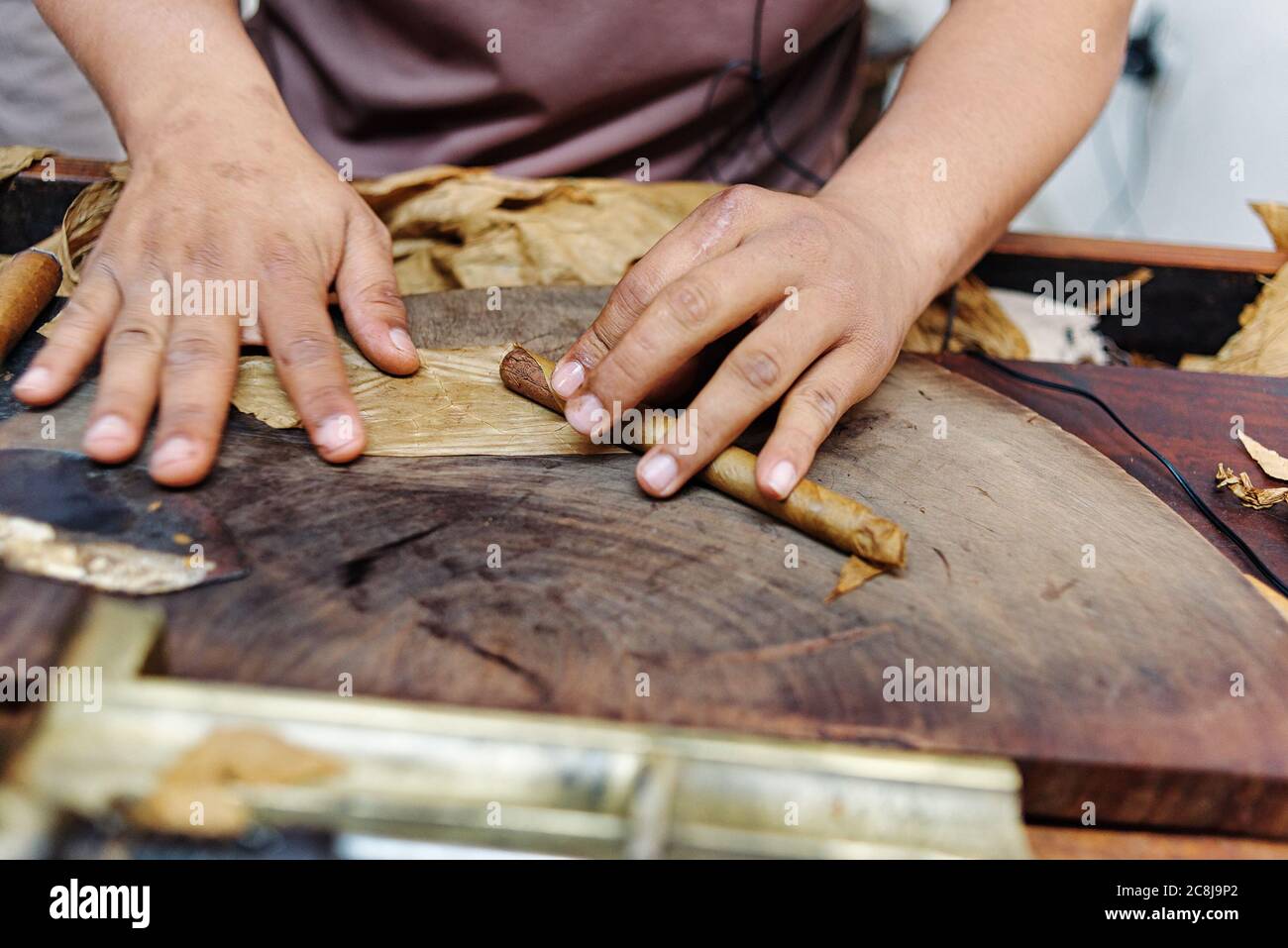 Primo piano delle mani rendendo il sigaro da foglie di tabacco. Produzione tradizionale di sigari. Repubblica Dominicana Foto Stock