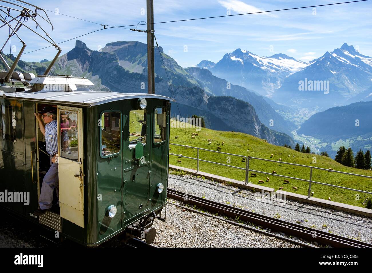 Schynige Platte, Oberland Bernese, Svizzera - 1 agosto 2019 : autista che si trova alle porte del treno turistico verde sulla Schynige Platte. Pascolo verde a Foto Stock