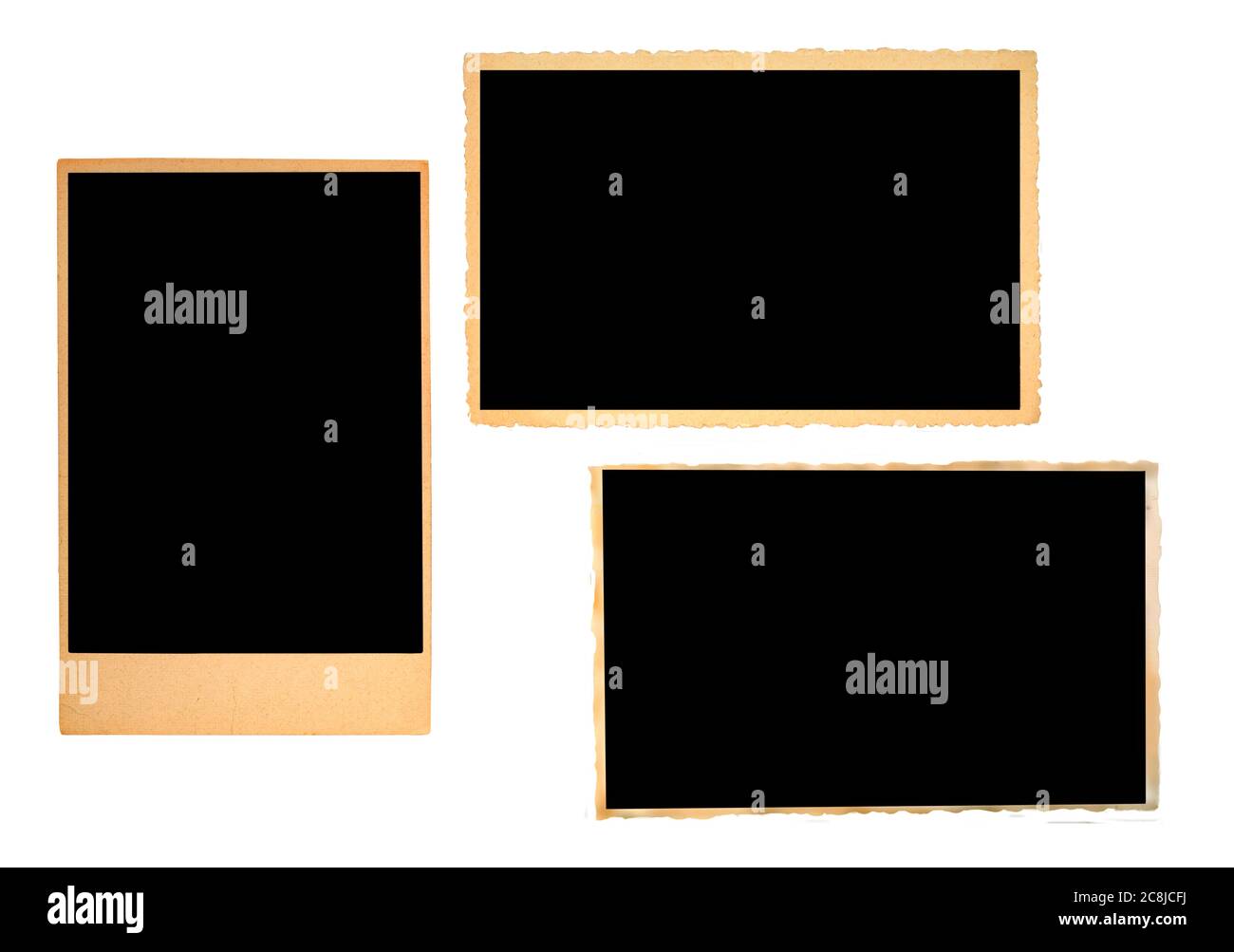 Stampe fotografiche vintage vuote, cornici vuote, oggetti vecchi e grugnosi, con spazio per foto e copia Foto Stock
