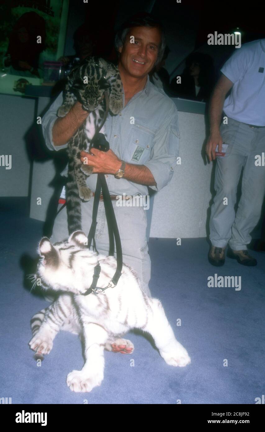 Las Vegas, Nevada, USA 23 gennaio 1996 una visione generale dell'atmosfera della personalità televisiva Jack Hannah con il leopardo nuvoloso e il Cub della tigre bianca alla Convenzione VSDA il 23 gennaio 1996 come Las Vegas Convention Center a Las Vegas, Nevada, USA. Foto di Barry King/Alamy Stock foto Foto Stock