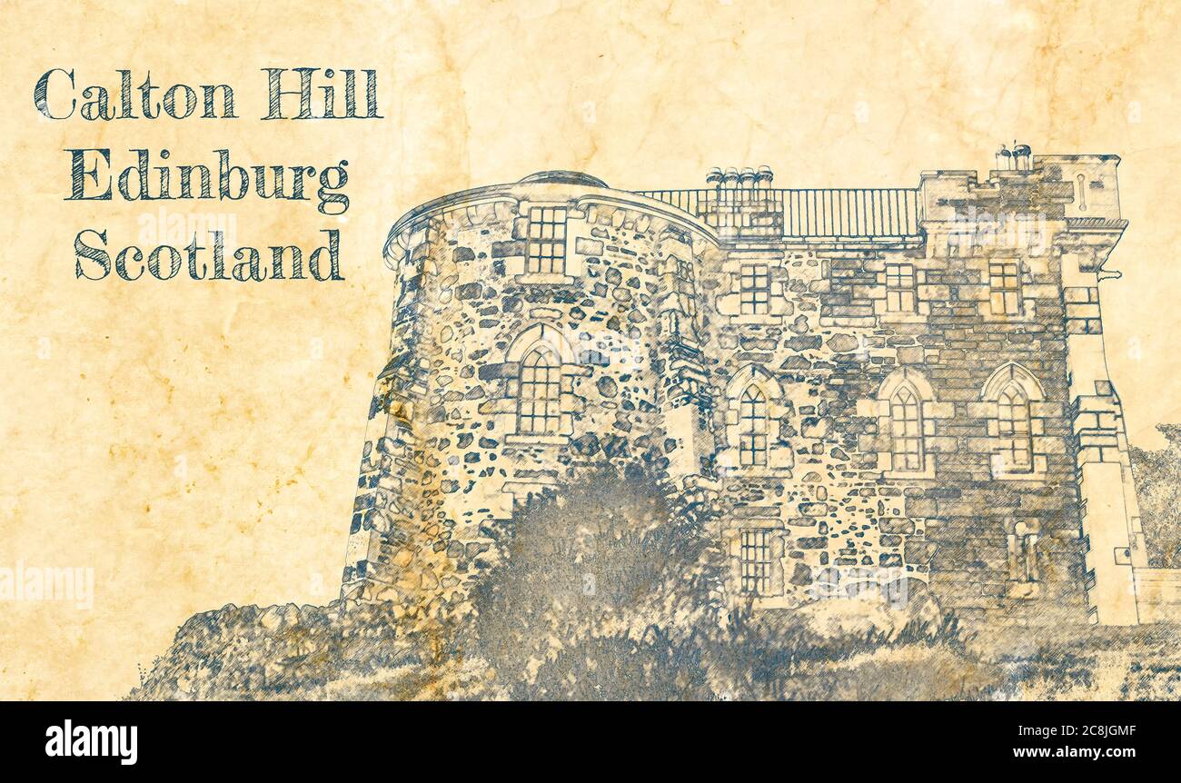 Schizzo della Casa Gotica su Calton Hill, Edimburgo Foto Stock