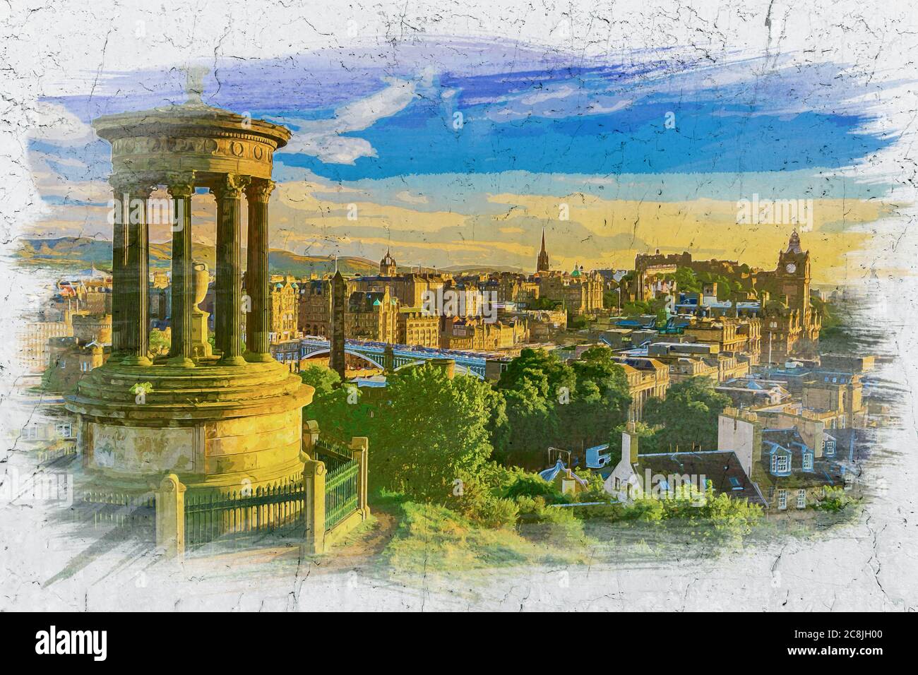 Calton Hill a Edimburgo, Scozia, pittura acquerello Foto Stock