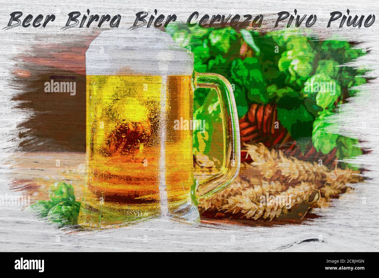 Pittura ad acquerello di birra e parola di birra in diverse lingue Foto Stock